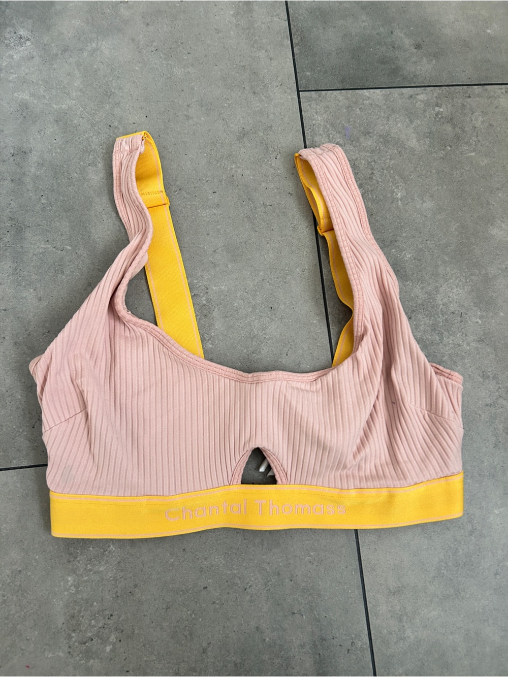 Chantal Thomass Sports bra pink yellow ribbed scooped neck 32 DDD